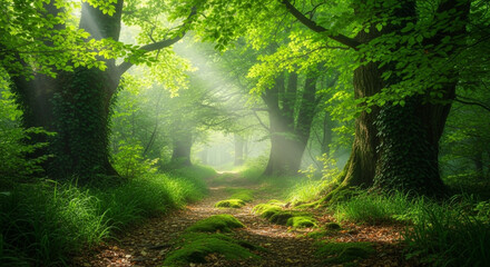 Mystical light rays pierce serene green forest path with trees