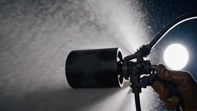 Side profile of sandblaster using nozzle to spray surface, dust particles visible.
