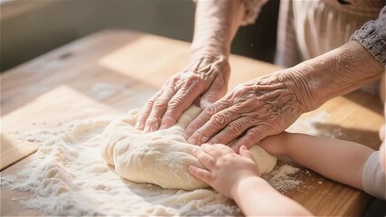 Warm morning kitchen scene with grandmother and child baking dough, creating joyful moments of connection, learning, and flour filled fun