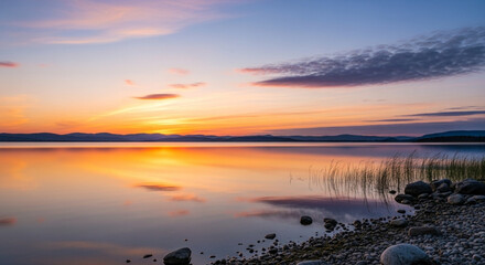 Serene lake sunrise, vibrant reflections and misty mountains