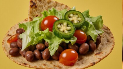 A Mexican tostada with beans lettuce tomatoes and jalapenos