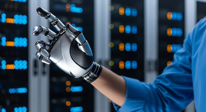 Robotic hand pointing at server lights robot hand artificial intelligence - Powered by Adobe