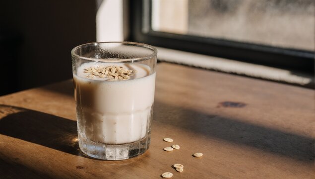 Organic gluten-free oat milk beverage in rustic kitchen setting