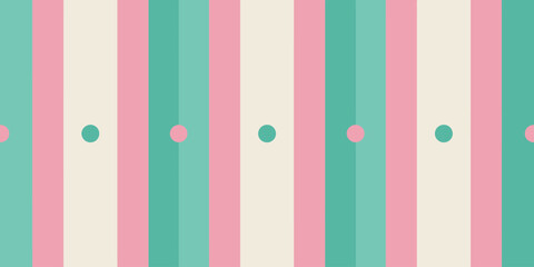 A pattern of vertical stripes in teal pink and cream with teal dots evenly spaced along the stripes