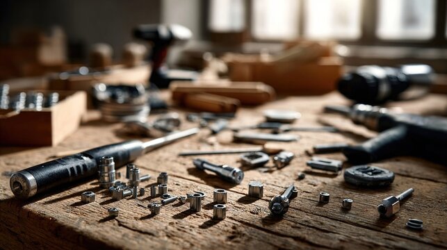 tennessine. Unused small tools and components scattered on a wooden workbench corner. safety posters, maintenance manuals, designed for industrial assembly lines and welding operations.