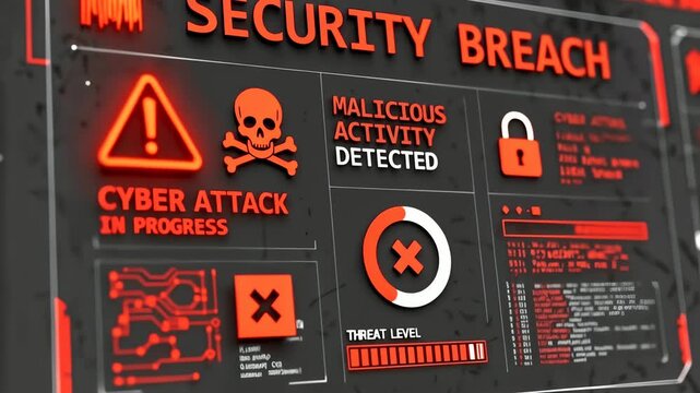 A digital screen interface displaying a critical security breach. Red alert warning of a cyber attack with malware and ransomware. Hacking data concept in 4K video. - Powered by Adobe