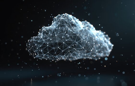 Illuminated cloud structure with connecting nodes floats against a dark background with floating particles