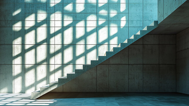 A modern staircase casts intricate shadows on a concrete wall, showcasing a blend of light and architecture in a minimalist space.