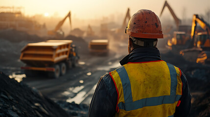 Construction worker in hard hat and safety vest surveys busy industrial site at sunrise