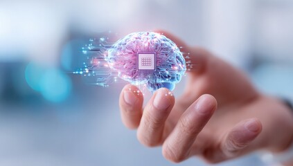 A digital brain with a circuit board held by a hand. A futuristic conceptual AI illustration