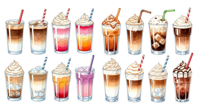 An illustrated collection of various iced coffee drinks in glasses with whipped cream, toppings, and colorful straws.