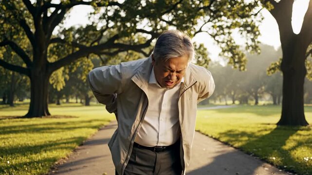 Elder asian man walking in park suffering from sudden back ache, illustrating pain and discomfort while outdoors, footage.