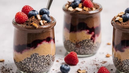 Chocolate-peanut butter chia seed pudding in jar garnished with raspberry blueberry  coconut flakes