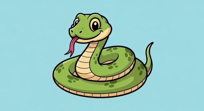 Smiling cartoon green snake with stripes on blue background