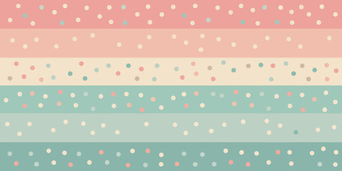 Pastel striped background with scattered polka dots in pink green and white shades for a soft design