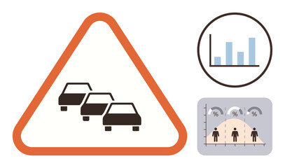 Cars in congestion warning sign, bar graph, population density chart. Ideal for transportation, urban planning, road safety, mobility analysis, city infrastructure, ecological impact simple flat