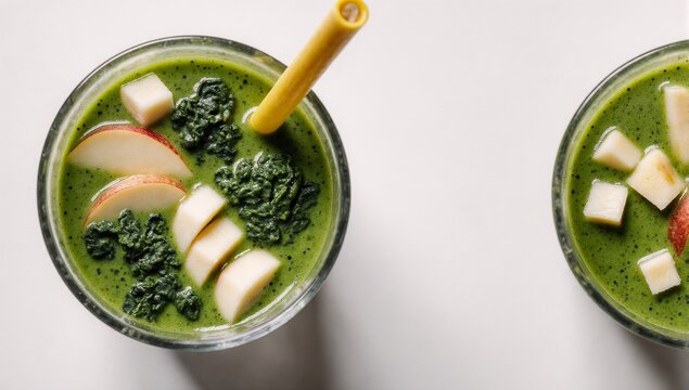 Hand-drawn graphic design showcases a white cutout of a glass with green goddess smoothie spinach kale apple and banana against a white background