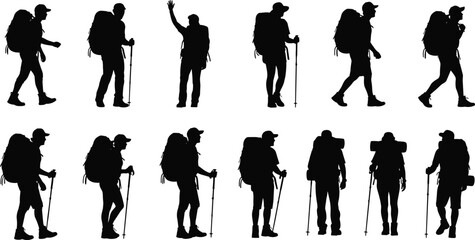 Set of hiker silhouettes with large backpacks and trekking poles, black vector image of male and female tourists walking, standing, and greeting on white background.