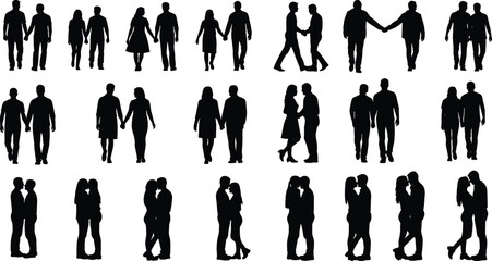 Set of diverse couple silhouettes holding hands, black vector image of romantic pairs walking, standing, and embracing, isolated on white background.