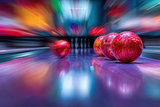 Vibrant bowling alley shot, balls in motion, focused on close objects with blurred, dynamic background