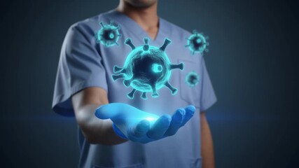 Healthcare professional presenting a glowing virus hologram for medical research and disease study. - Powered by Adobe