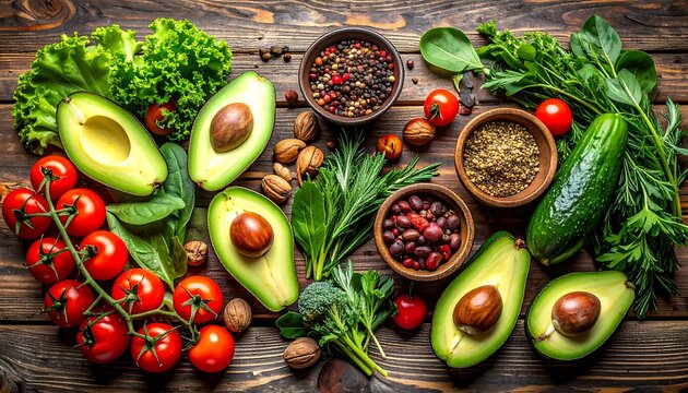 Fresh Organic Vegetables and Spices on Wooden Table.