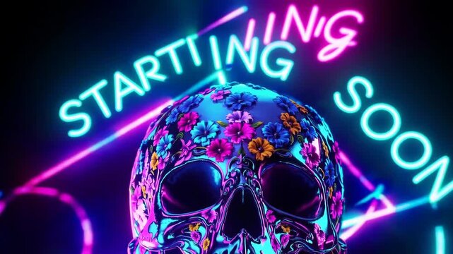 Animated skull with flowers and &ldquo;Starting Soon&rdquo; text, stream overlay background.
