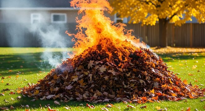 Burning pile of autumn leaves on a green lawn with a house in the background, capturing the essence of fall cleanup and seasonal change