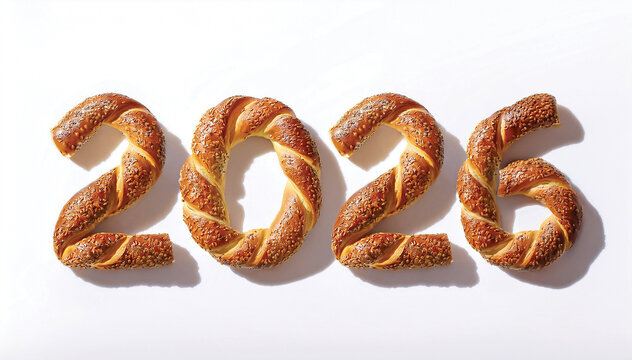 Writing the Year 2026 with Turkish Simit, 2026 Simit Typography on White Background &ndash; Traditional Sesame Bread Art