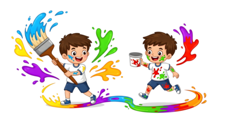 Two joyful boys painting with colorful splashes illustration
