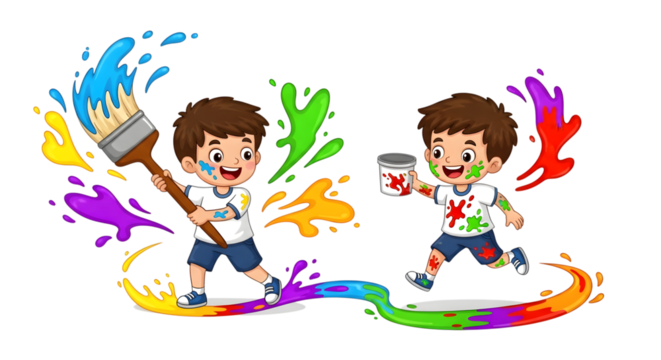 Two joyful boys painting with colorful splashes illustration