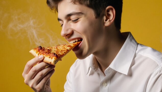 A teenager savoring a delicious slice of pizza eyes closed in delight while dressed casually in white and surrounded by yellow tones
