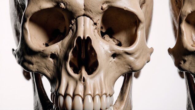 Realistic human skull front view close-up detail with teeth and visible eye sockets on a white background