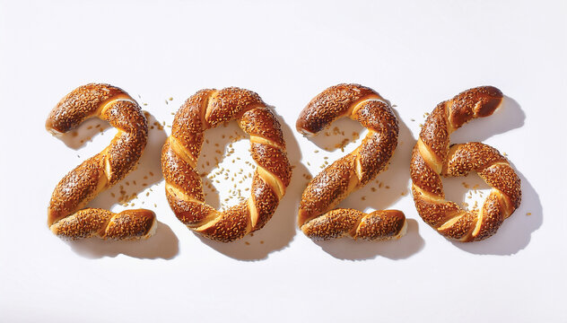 Writing the Year 2026 with Turkish Simit, 2026 Simit Typography on White Background &ndash; Traditional Sesame Bread Art