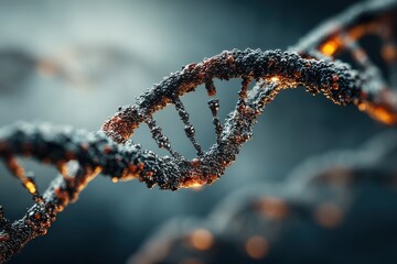 Close-up of a frosted DNA double helix showing intricate molecular structure for science and education