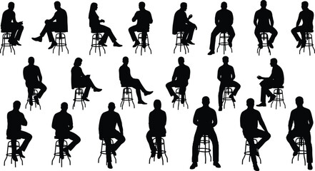 Set of people sitting on bar stools, black vector silhouettes of men and women casually seated in various poses, isolated on white background.