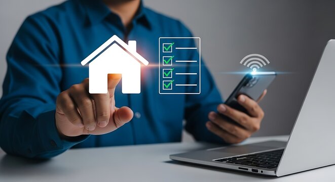 Person interacting with digital house checklist and phone