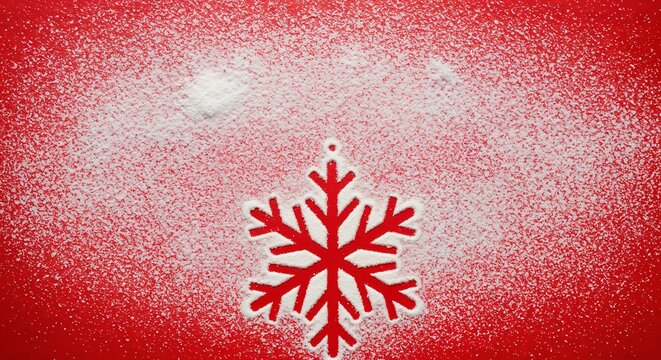 Christmas snowflake ornament made of artificial snow on a festive red background.