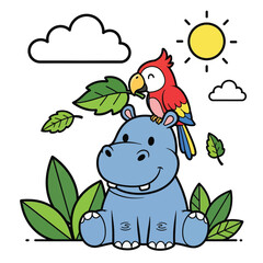 Cute Cartoon Hippo and Parrot Friends in Nature. Happy Blue Hippopotamus Sitting with Colorful Bird Perched on Head Holding Leaf under Sun for Kids Design Vector Illustration.