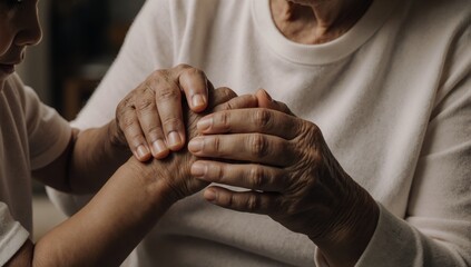 Fototapeta premium A childs hand held by a grandmother expressing motherly love and care through the touch of their old brown hands