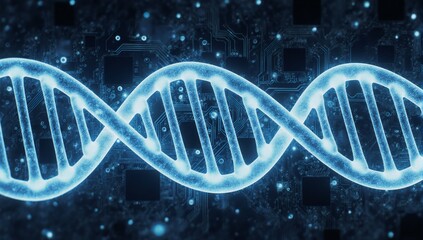 Digital art illustration showcasing a glowing blue DNA strand entwined with digital circuit board elements symbolizing genetic engineering and biotechnology research