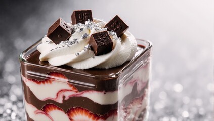 A luxurious dessert illustration featuring gourmet layers of strawberry chocolate and cream in a clear square jar topped with whipped cream cubes and silver flakes
