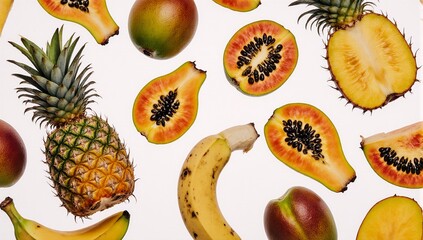 Seamless pattern of colorful tropical fruits pineapple mango banana papaya on a white background