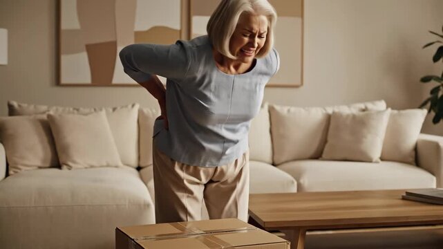 Senior woman lifting heavy box and experiencing sudden lower back pain at home, portraying injury risk for elderly adults.