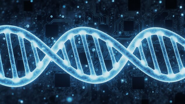 Digital art illustration showcasing a glowing blue DNA strand entwined with digital circuit board elements symbolizing genetic engineering and biotechnology research - Powered by Adobe