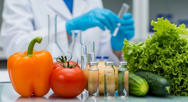 Orange pepper tomato cucumber lettuce laboratory food safety - Powered by Adobe