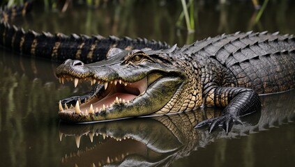 Obraz premium Showcase a fierce crocodile with scaly skin and sharp teeth displaying its powerful jaws in a swamp