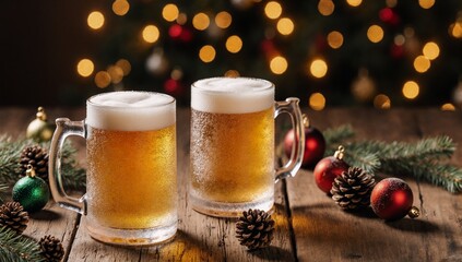 Two frosty beer glasses with Christmas decorations featuring colorful baubles pine cones and fairy lights set a warm festive atmosphere with a soft bokeh effect
