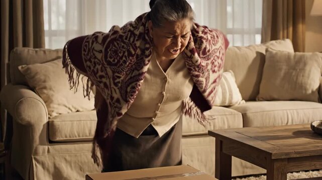Senior woman lifting box and experiencing sudden back pain, discomfort, and injury, health concept.
