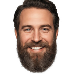 Close up portrait of a smiling man with a full beard and blue eyes isolated on a black background studio lighting
